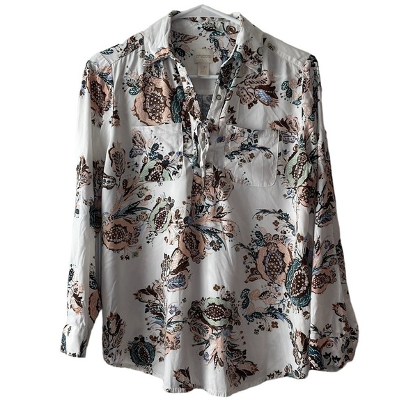 Chico's Botanical Floral Tunic White V-Neck‎ Lace Up Petite 0 - Picture 1 of 16
